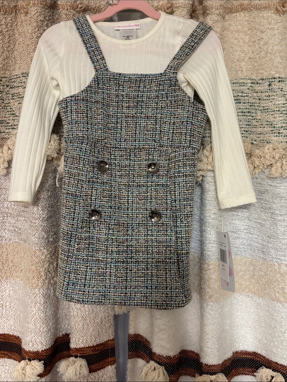 Bonnie Jean Tweed Pinafore Dress with Cream Ribbed Top